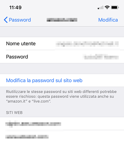 password siti web e app su salvate su iphone